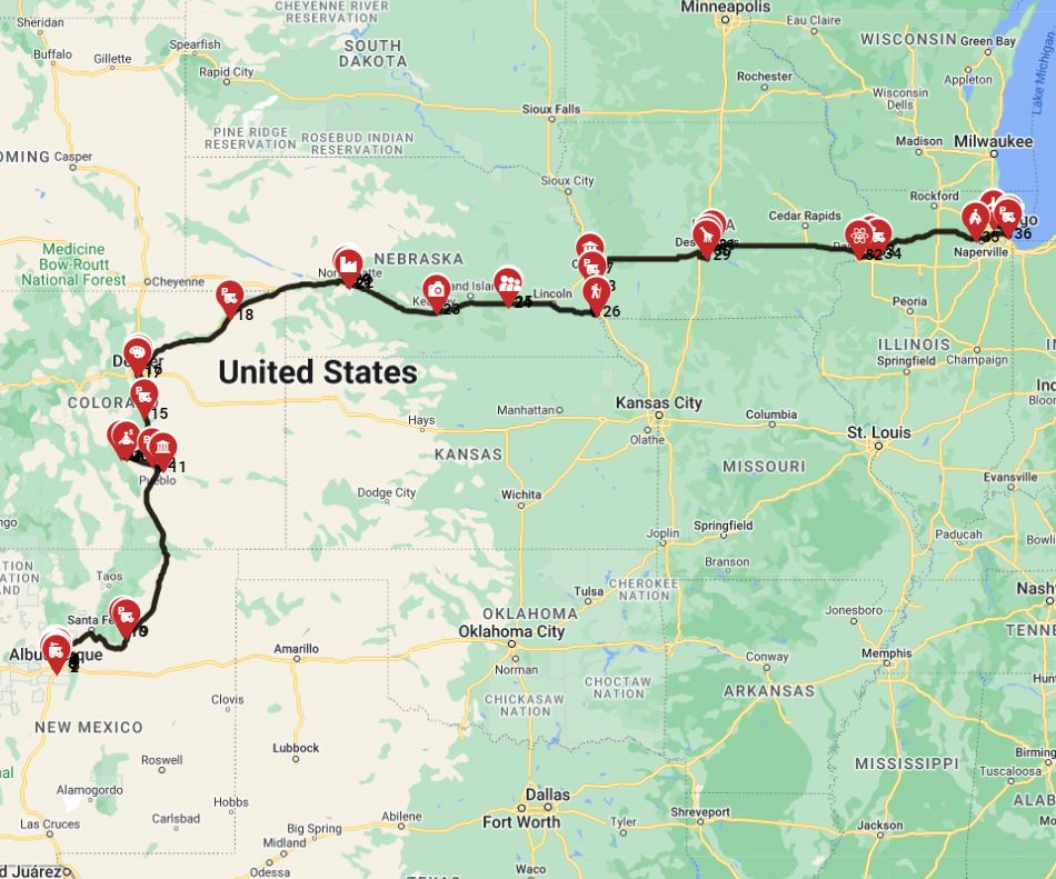 RV trip route from Albuquerque to Chicago